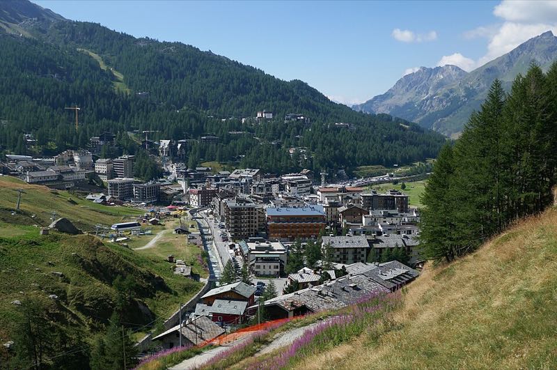 Breuil-Cervinia in its valley at 2,050 m, with the ski slopes above the village
