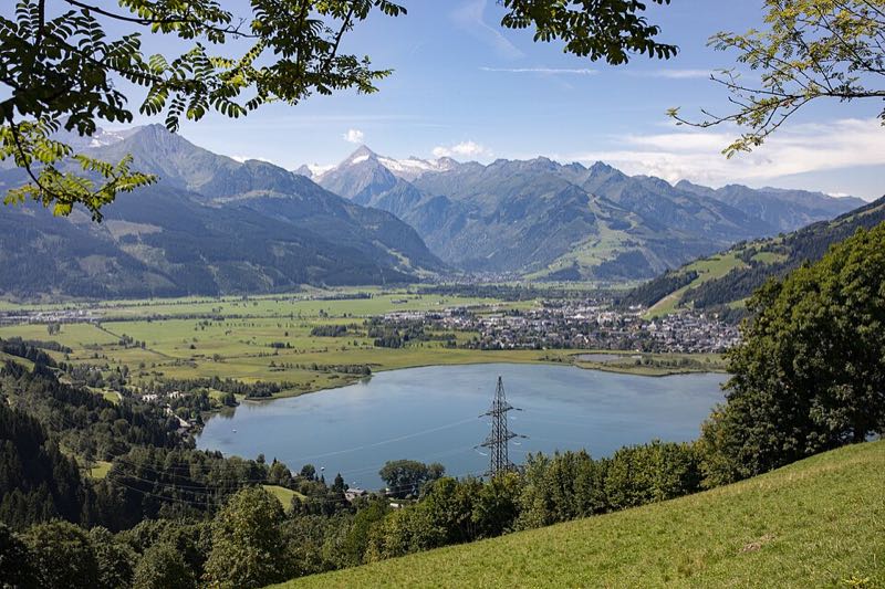 Elevated view over the Zeller See and Zell am See toward the Hohe Tauern peaks